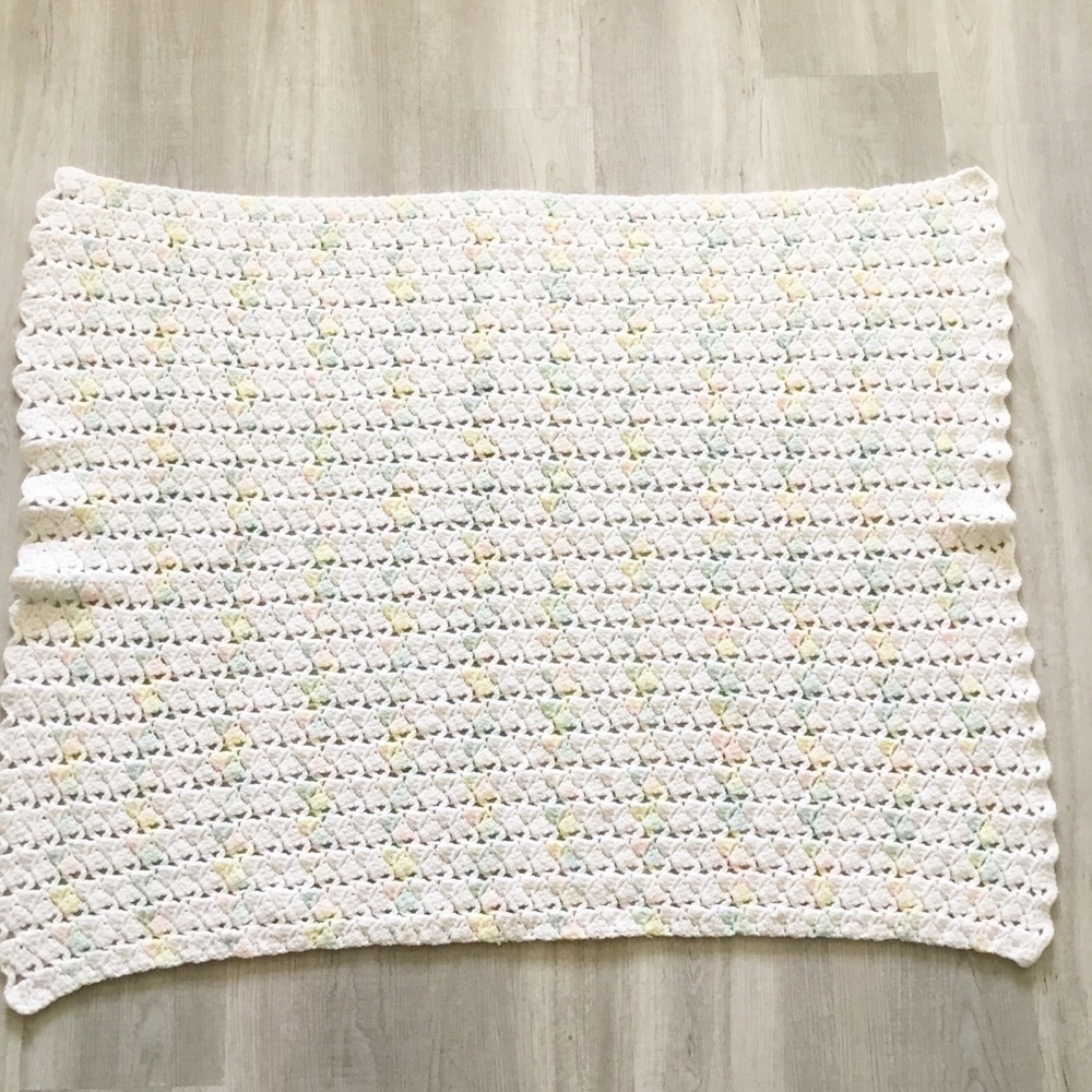 Vintage Baby Afgan Colorful Blanket Knit Crochet White With Green Pink Blue